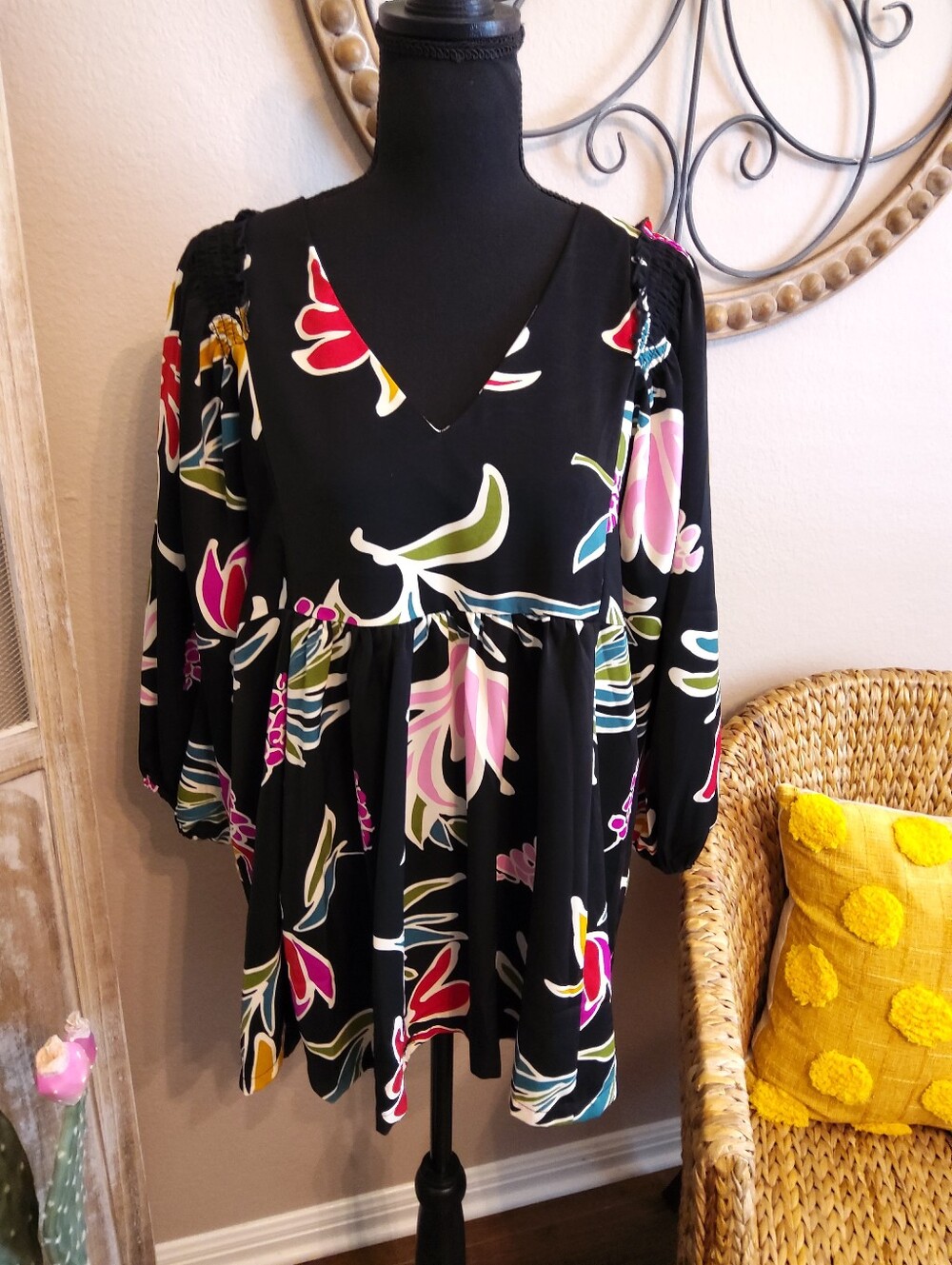 Umgee Black Floral Top with Pink and Cream Accents